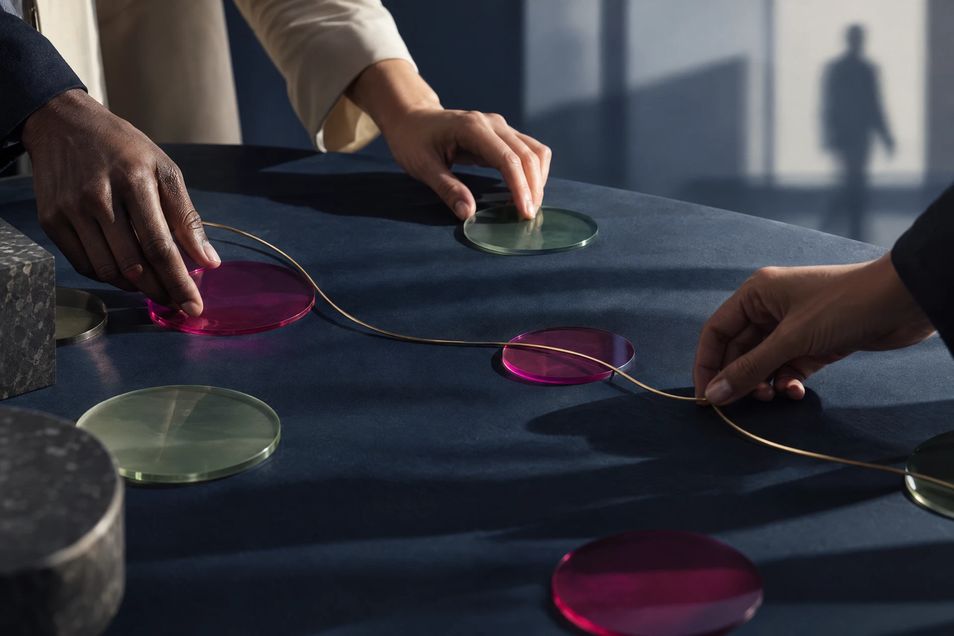 Hands connecting elements in a facilitated strategy exercise